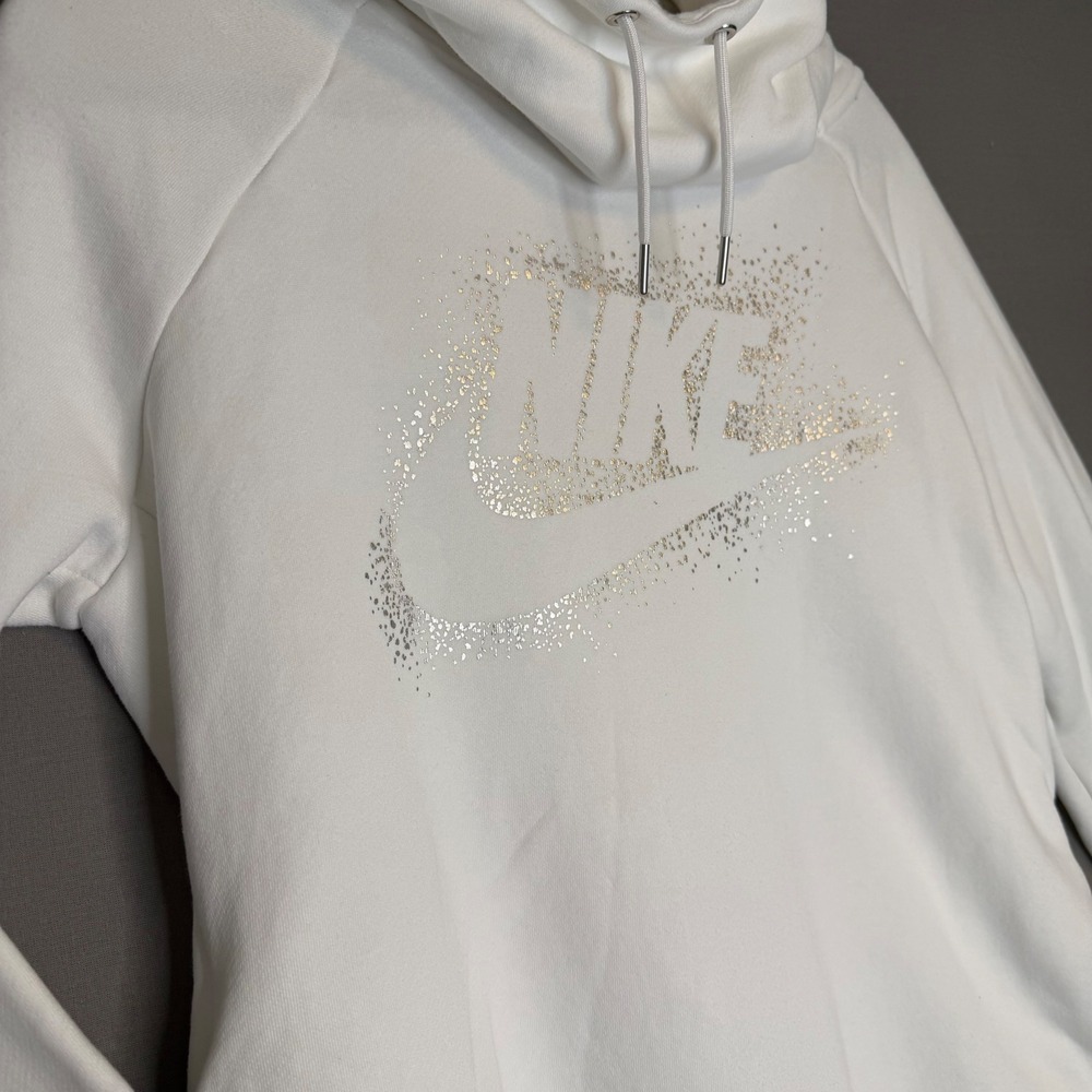Nike Womens White Funnel Neck Hoodie Metallic Gold Silver Splatter Logo Large